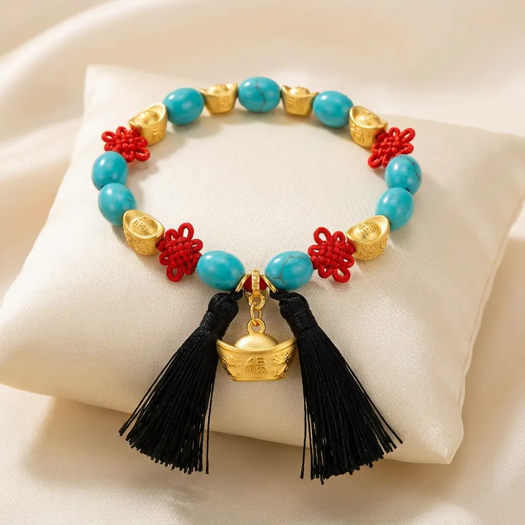 Turquoise feng shui bracelet with gold ingots & chinese knot tassel lucky charm bracelet with fu symbol for wealth and protection