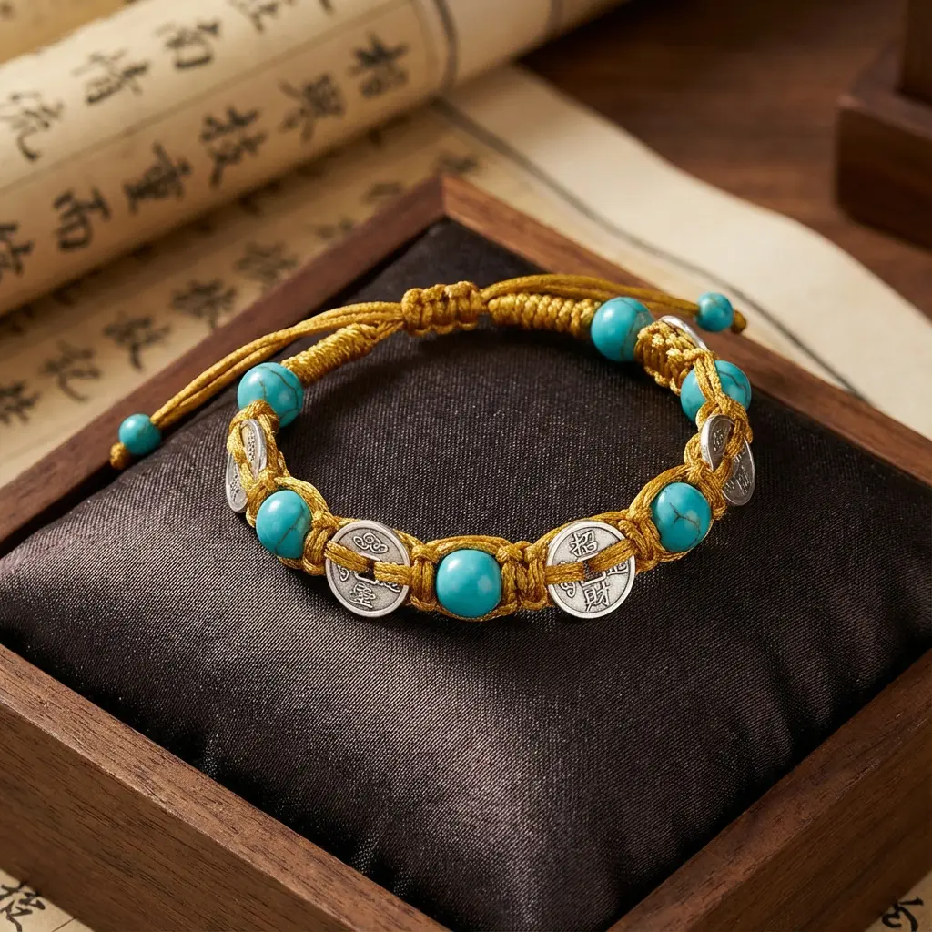 Turquoise macrame bracelet with silver prosperity coins adjustable feng shui lucky bracelet with chinese blessing coins