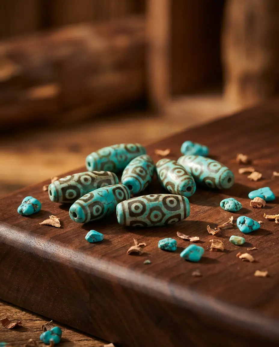 Turquoise tibetan dzi beads with nine eyes pattern on wood surface