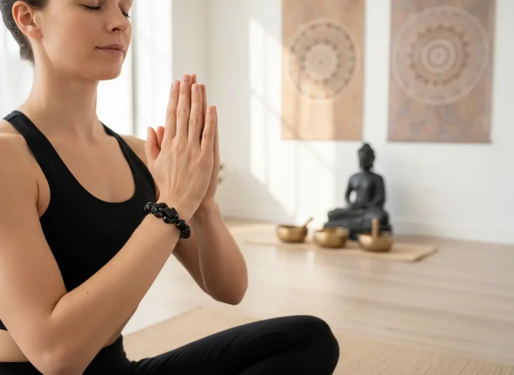 Woman Meditating Wearing Black Obsidian Pixiu Bracelet Woman meditating wearing black obsidian pixiu bracelet