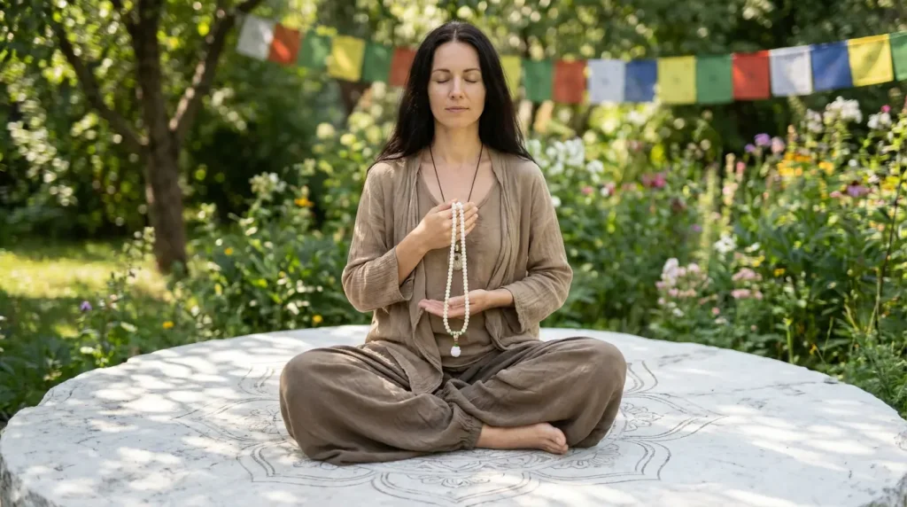 Woman Meditating with White Bodhi Seed Mala Beads in Garden Setting Woman meditating with white bodhi seed mala beads in garden setting