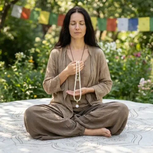 Woman meditating with white bodhi seed mala beads in garden setting