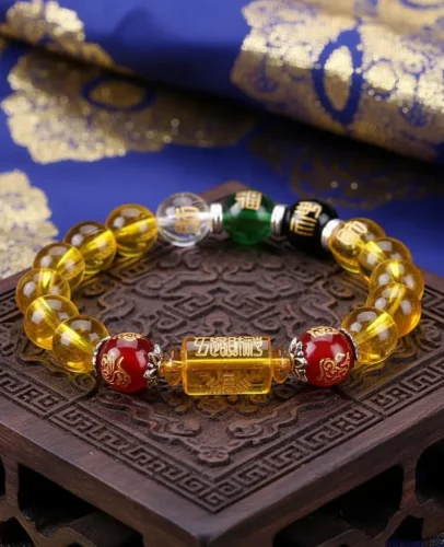Woman Relaxing with Tea and Spiritual Citrine Buddhist Bracelet Indoors​