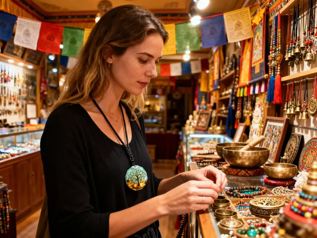Woman shopping for tree of life pendant in tibetan buddhist store