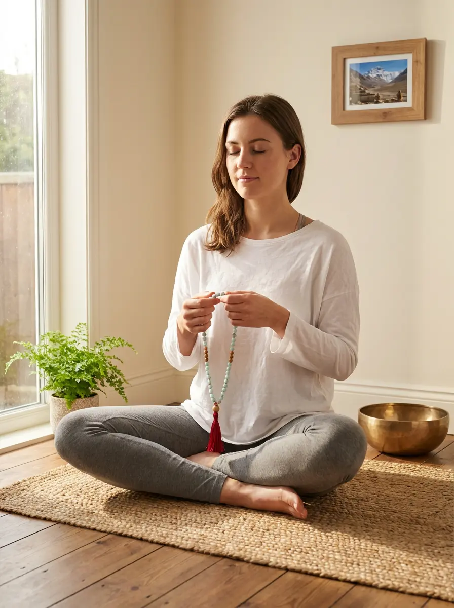 Woman using amazonite mala beads for meditation mindfulness practice at home