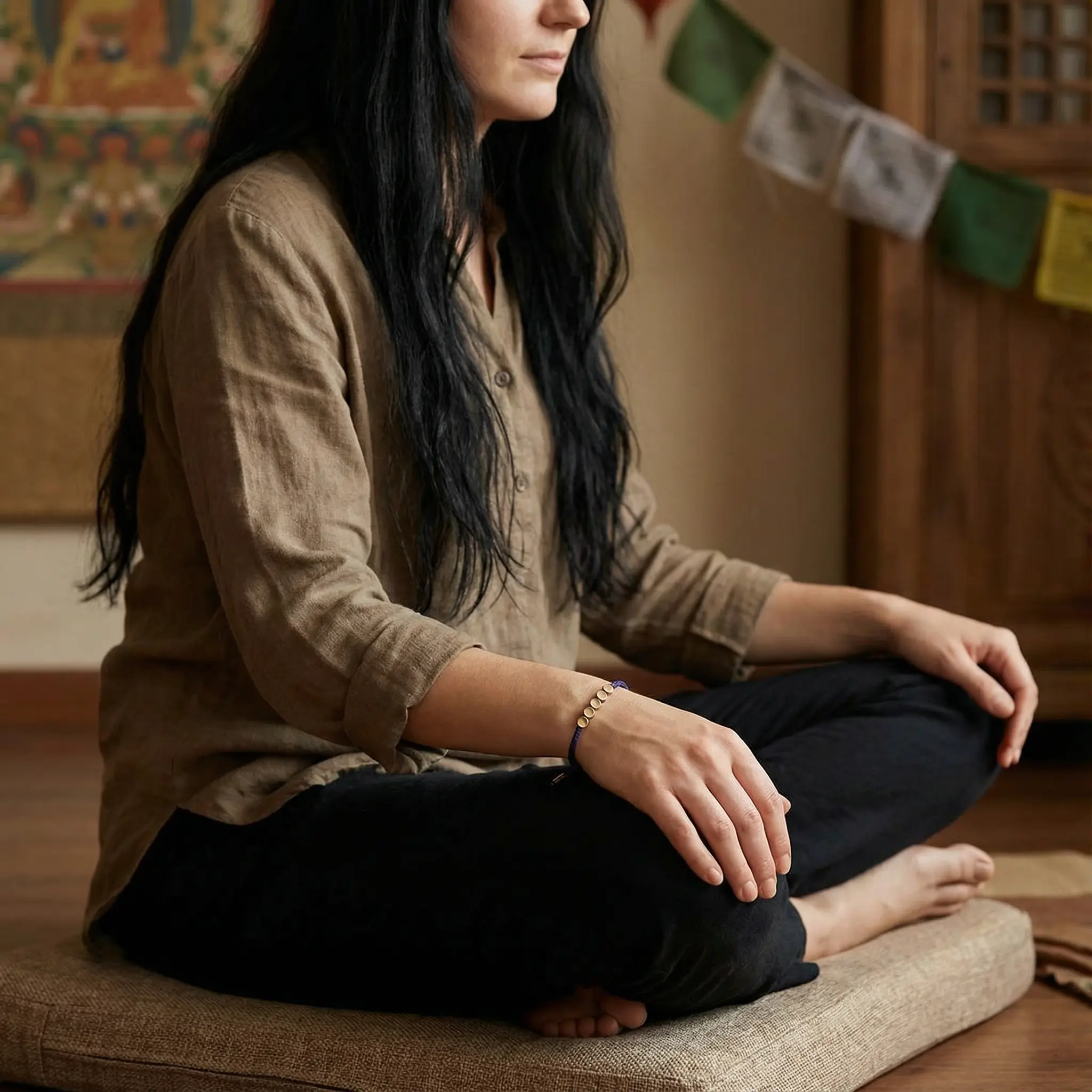 Woman Wearing Buddhist Meditation Bracelet - Tibetan Prayer Room Setting Woman wearing buddhist meditation bracelet tibetan prayer room setting