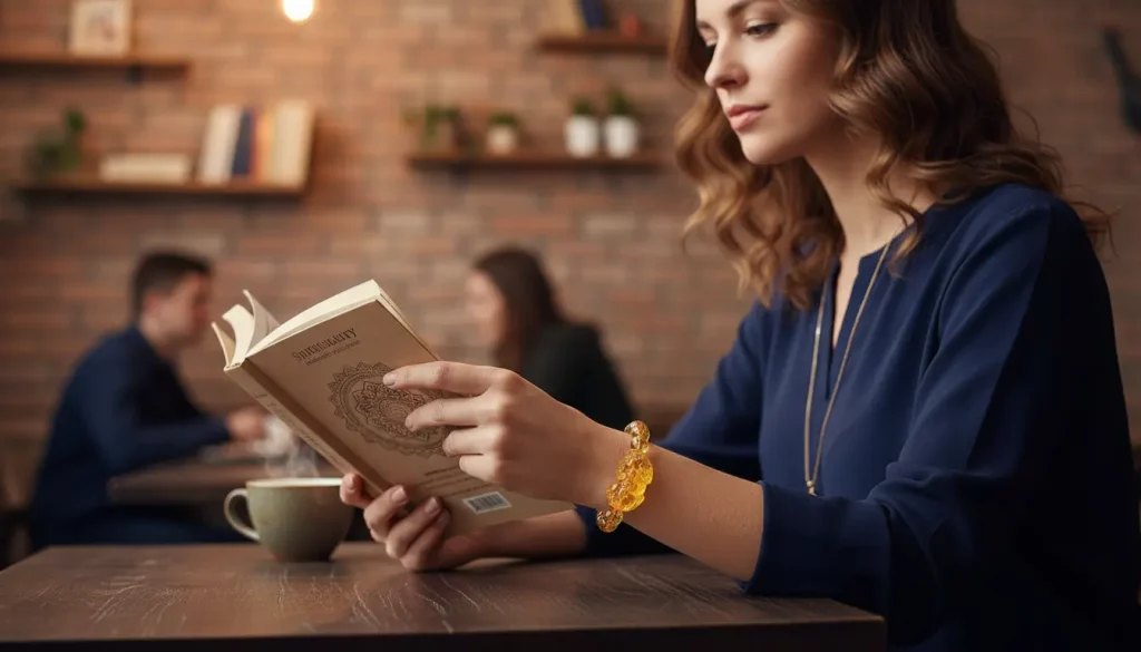 Woman Wearing Citrine Pixiu Bracelet Reading in Cafe Woman wearing citrine pixiu bracelet reading in cafe