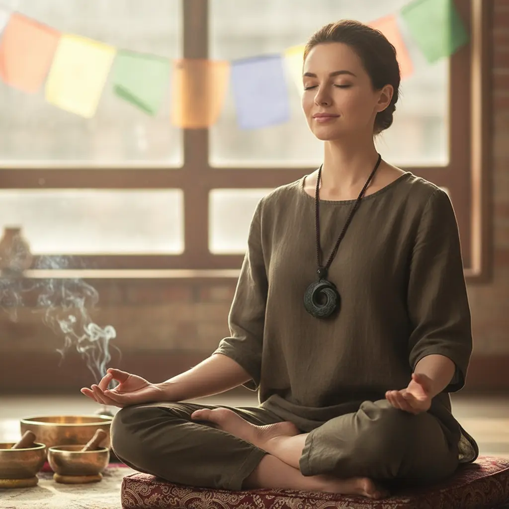 Woman Wearing Hetian Jade Necklace During Meditation - Lifestyle Photography Woman wearing hetian jade necklace during meditation lifestyle photography