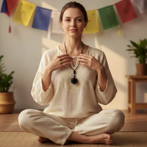 Woman wearing obsidian necklace during yoga meditation