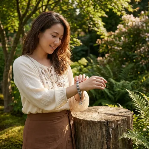 Woman wearing om mani padme hum buddhist bracelet in nature setting