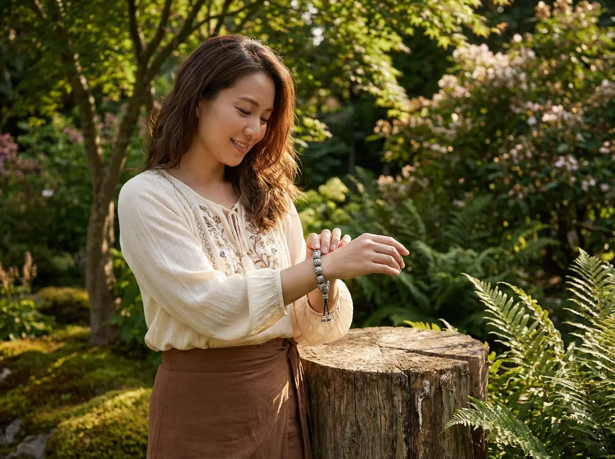 Woman wearing om mani padme hum buddhist bracelet in nature setting