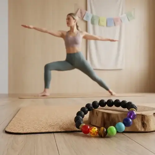 Yoga studio practice with chakra bracelet product display