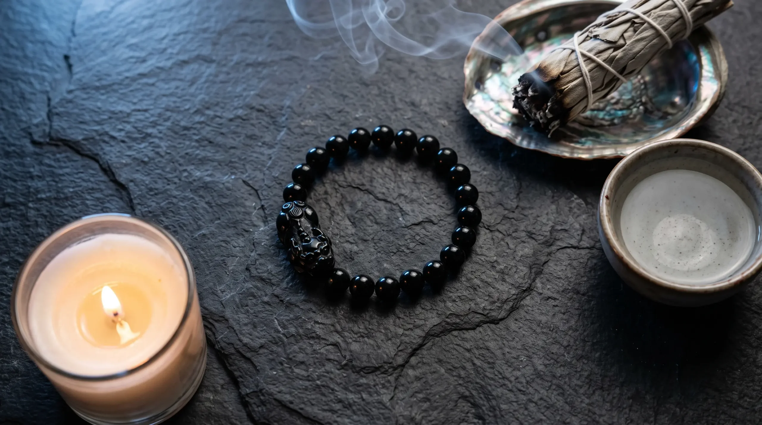 Pixiu bracelet being cleansed with white sage smoke, moonlight, and a bowl of water before first wear