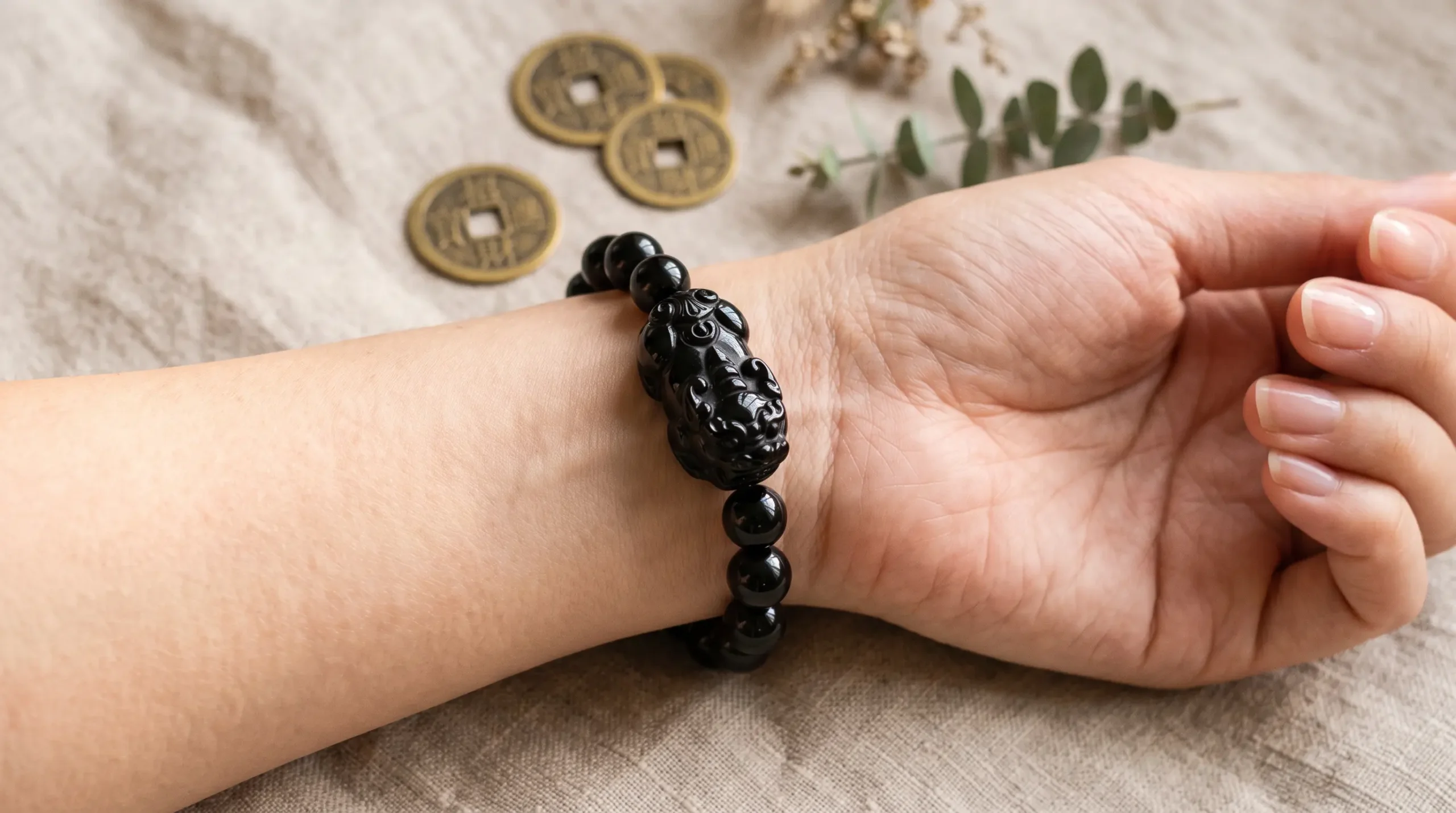 Four Pixiu bracelets in black obsidian, green jade, gold, and citrine displayed side by side for comparison