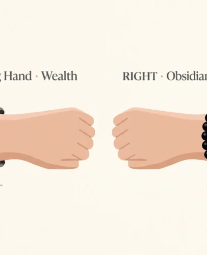 Black obsidian Pixiu bracelet worn on a left wrist with the head facing outward to attract wealth