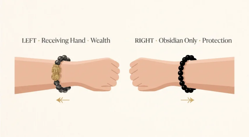 pixiu-bracelet-left-vs-right-hand Black obsidian Pixiu bracelet worn on a left wrist with the head facing outward to attract wealth