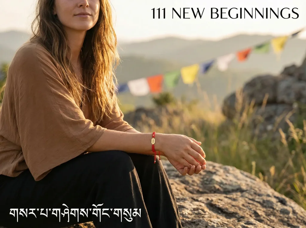 111 Angel Number Bracelet New Beginnings - Woman Meditating Outdoors with Tibetan Prayer Flags 111 angel number bracelet new beginnings woman meditating outdoors with tibetan prayer flags
