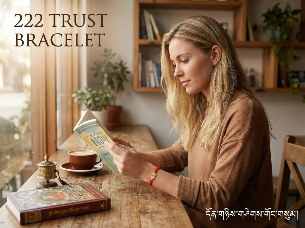 222 Angel Number Trust Bracelet - Woman Reading The Power of Now in Cozy Café with Buddhist Prayer Wheel 222 angel number trust bracelet woman reading the power of now in cozy café with buddhist prayer wheel