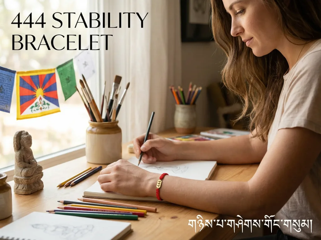 444 Angel Number Stability Bracelet - Artist Creating in Studio with Tibetan Prayer Flags and Buddha Statue 444 angel number stability bracelet artist creating in studio with tibetan prayer flags and buddha statue