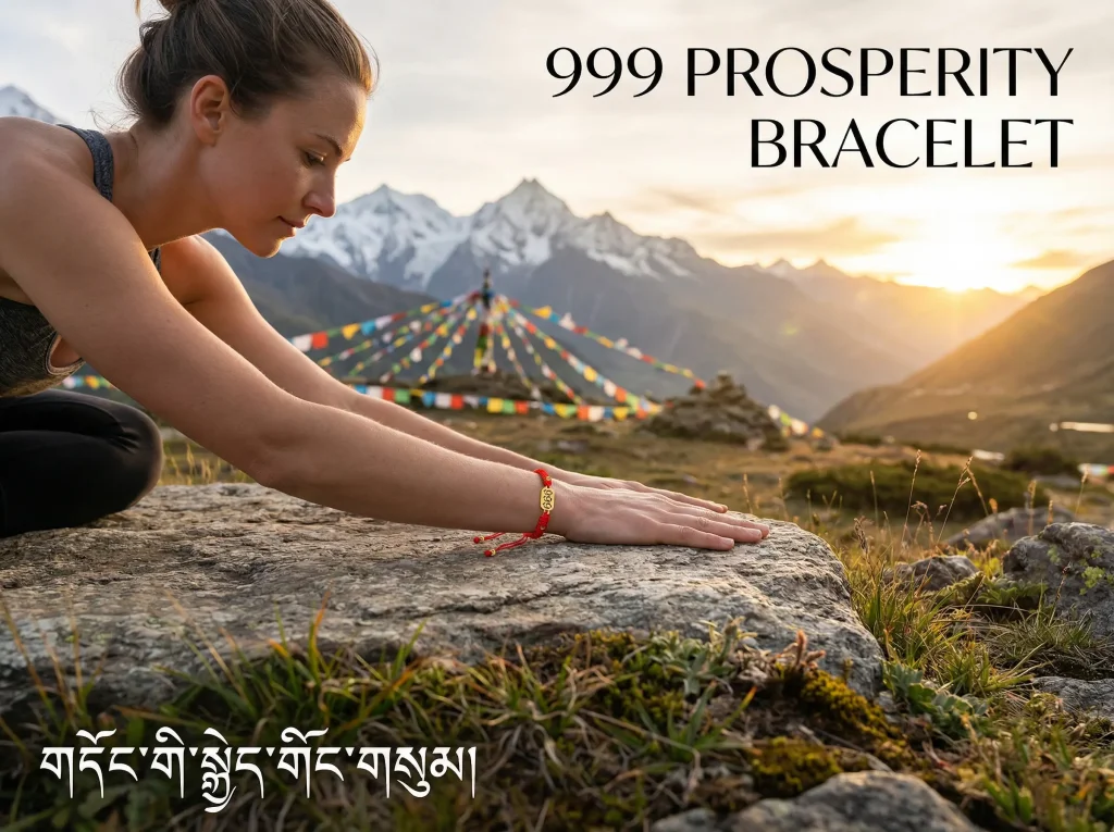 999 Angel Number Bracelet Prosperity - Woman Practicing Yoga in Himalayan Mountains with Prayer Flags 999 angel number bracelet prosperity woman practicing yoga in himalayan mountains with prayer flags