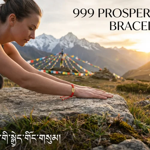 999 angel number bracelet prosperity woman practicing yoga in himalayan mountains with prayer flags