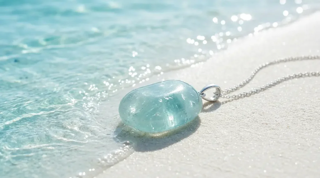 Aquamarine jewelry on beach
