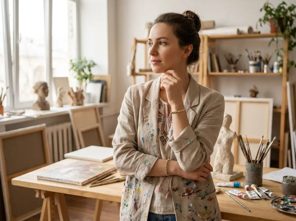 Artist Wearing Tibetan Copper Bracelet in Creative Studio - Bohemian Jewelry Style Artist wearing tibetan copper bracelet in creative studio bohemian jewelry style