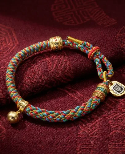 Authentic tibetan mantra bracelet five color rope with prayer wheel and om charm