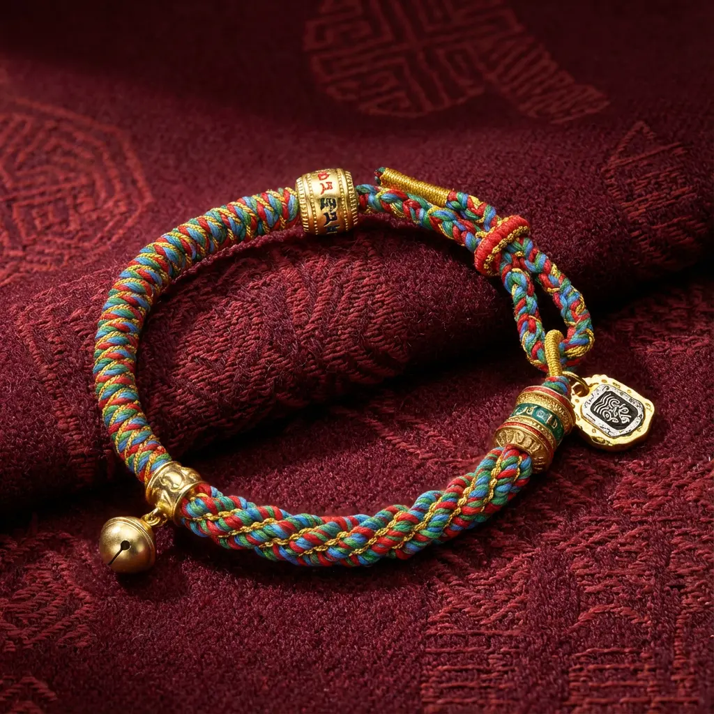 Authentic Tibetan Mantra Bracelet Five-Color Rope with Prayer Wheel and Om Charm Authentic tibetan mantra bracelet five color rope with prayer wheel and om charm