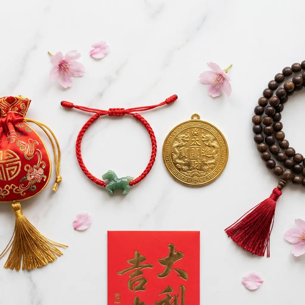 Ben ming nian 2026 protection red string bracelets and tai sui amulets