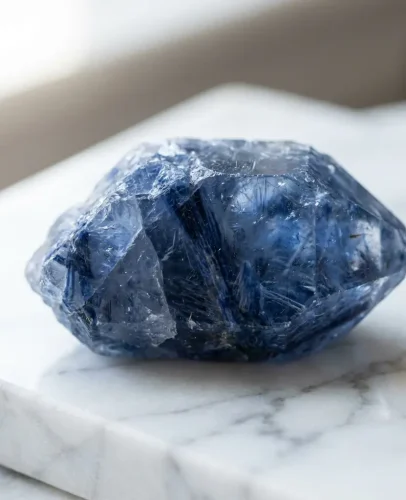 Blue quartz crystal natural raw stone close up