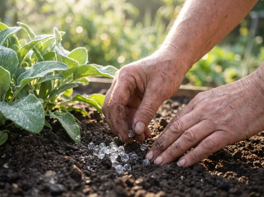 Burying broken crystal beads in garden soil as a gratitude ritual