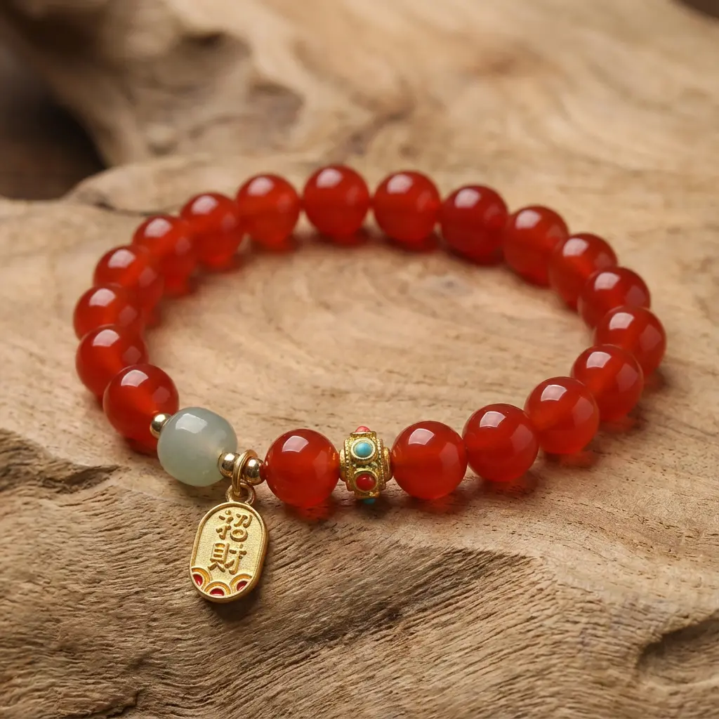 Carnelian Mala Bracelet with Jade Bead on Natural Wood Carnelian mala bracelet with jade bead on natural wood