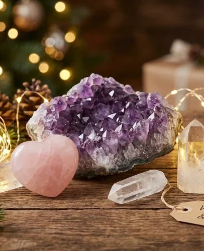 Christmas Crystal Gift Set with Amethyst Cluster, Rose Quartz Heart & Clear Quartz Points Christmas crystal gift set with amethyst cluster, rose quartz heart & clear quartz points