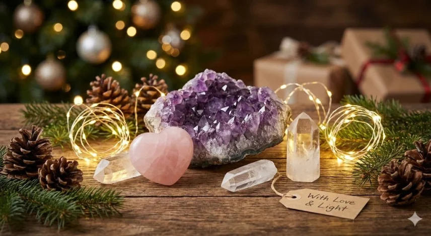 Christmas Crystal Gift Set with Amethyst Cluster, Rose Quartz Heart & Clear Quartz Points Christmas crystal gift set with amethyst cluster, rose quartz heart & clear quartz points