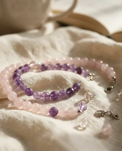 Crystal bracelet breaking with scattered rose quartz and amethyst beads on linen fabric Crystal bracelet breaking with scattered rose quartz and amethyst beads on linen fabric