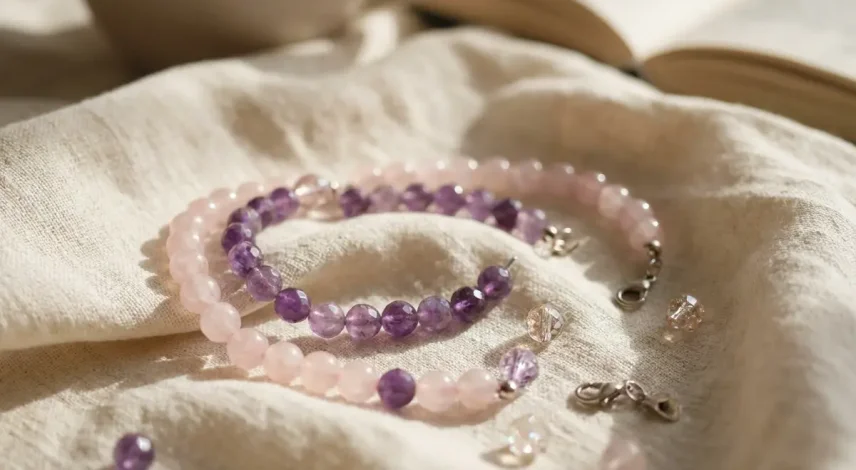 Crystal bracelet breaking with scattered rose quartz and amethyst beads on linen fabric