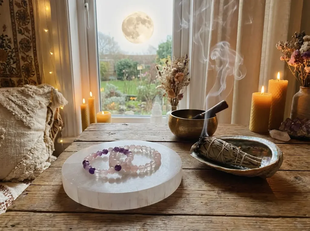 Crystal cleansing ritual with sage, selenite plate, and singing bowl under moonlight