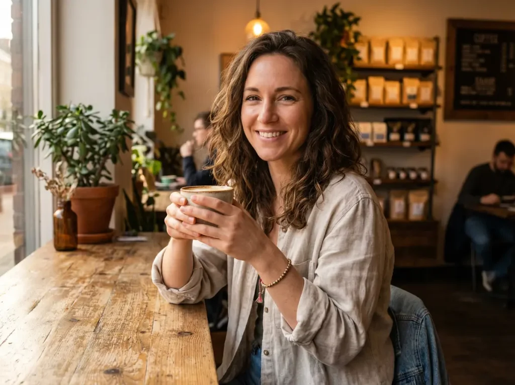 Everyday Spiritual Style - Tibetan Copper Bracelet in Coffee Shop Setting Everyday spiritual style tibetan copper bracelet in coffee shop setting