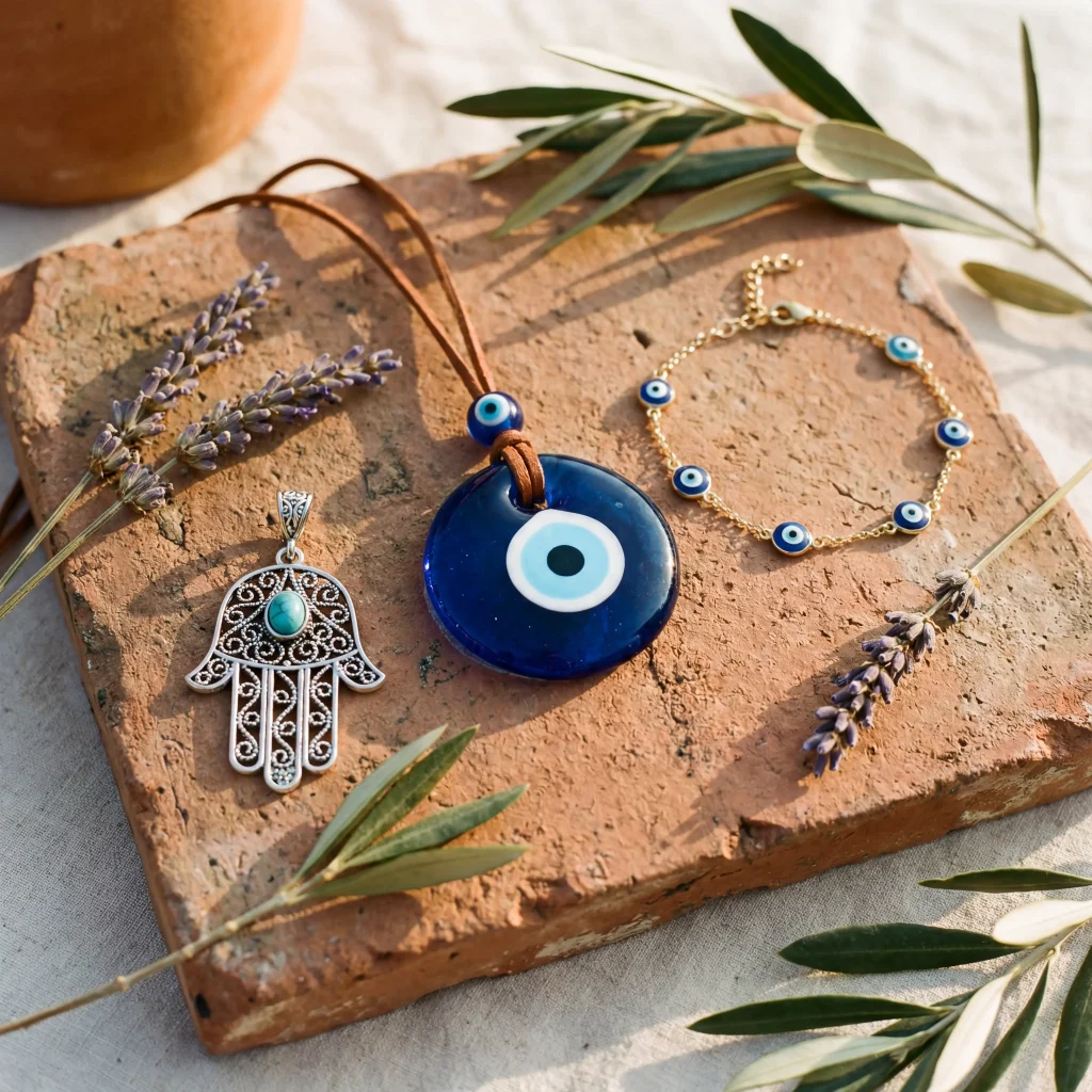 Evil eye nazar pendant and hamsa hand charm with gold evil eye bracelet on terracotta