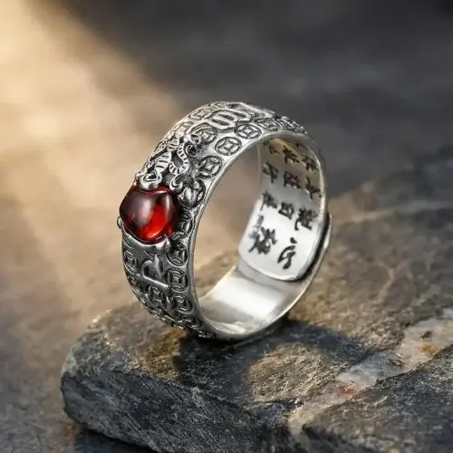 Feng shui pixiu mantra ring with natural red garnet stone on gray slate