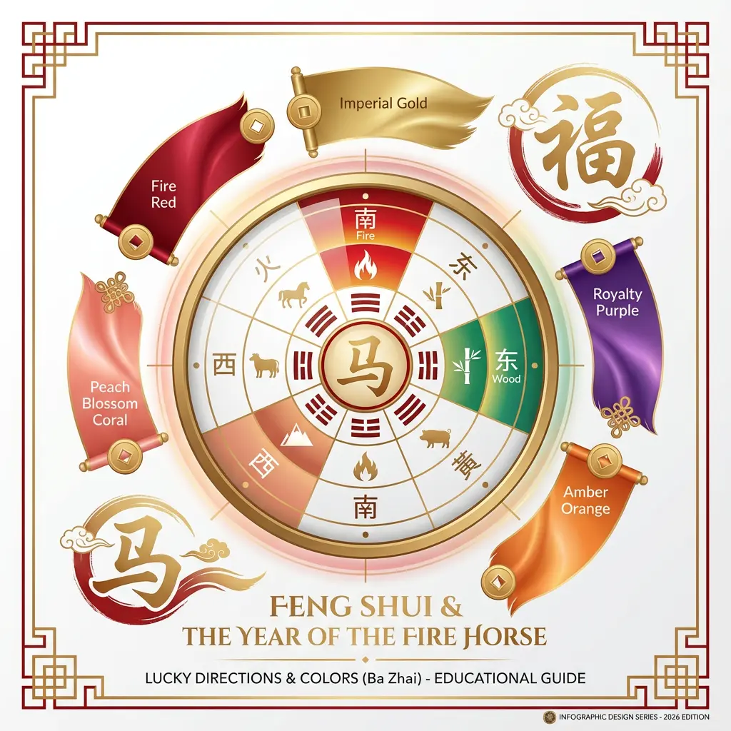 Fire horse 2026 lucky colors chart red gold purple feng shui guide