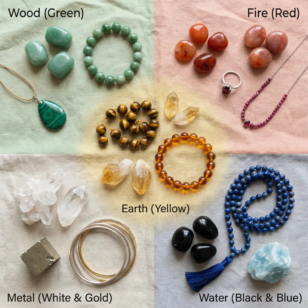 Five elements crystal jewelry flat lay image