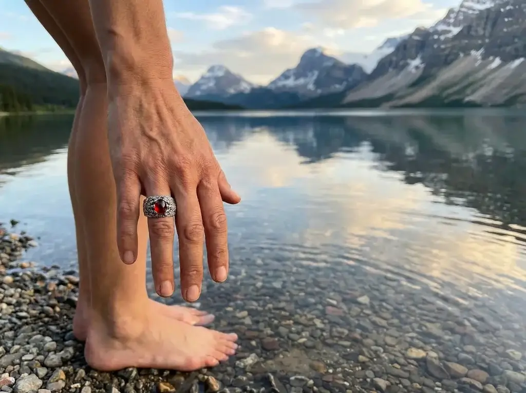 Garnet pixiu ring worn on hand at mountain lake feng shui wealth jewelry lifestyle