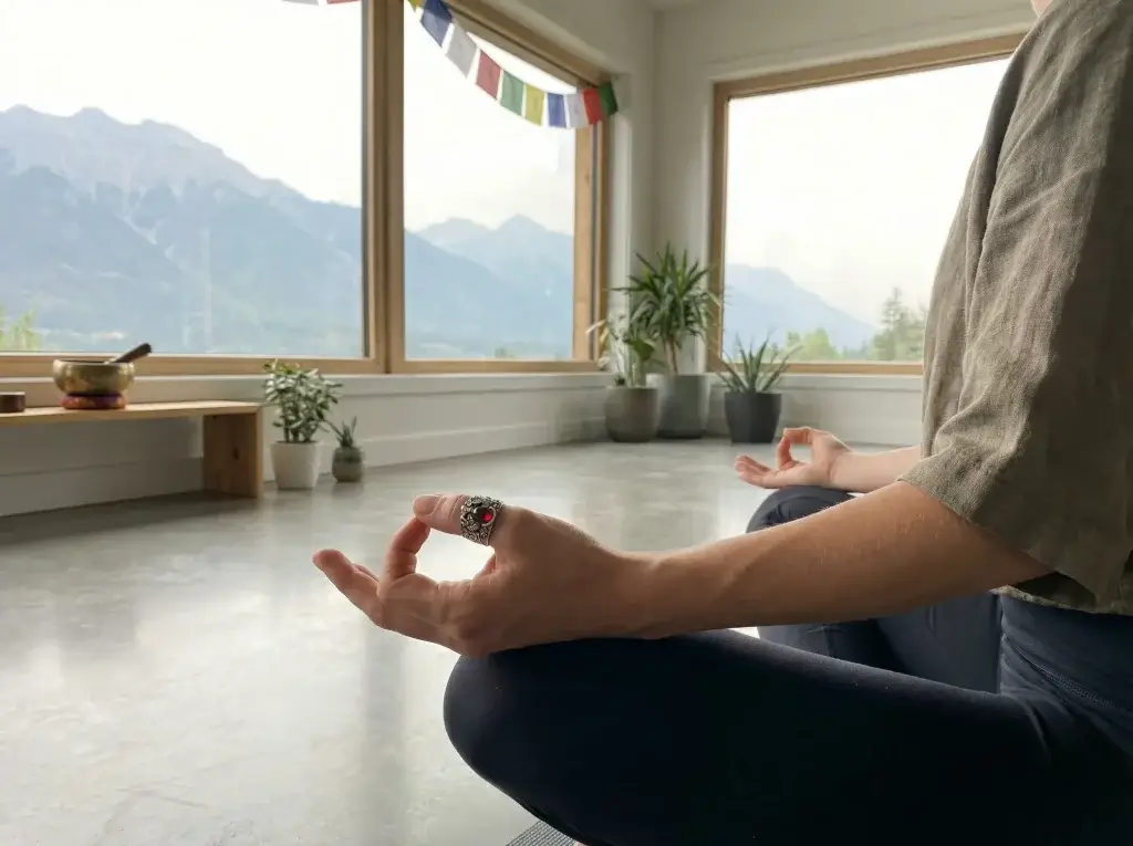 Meditation mudra hand wearing garnet pixiu ring in yoga studio with mountain view