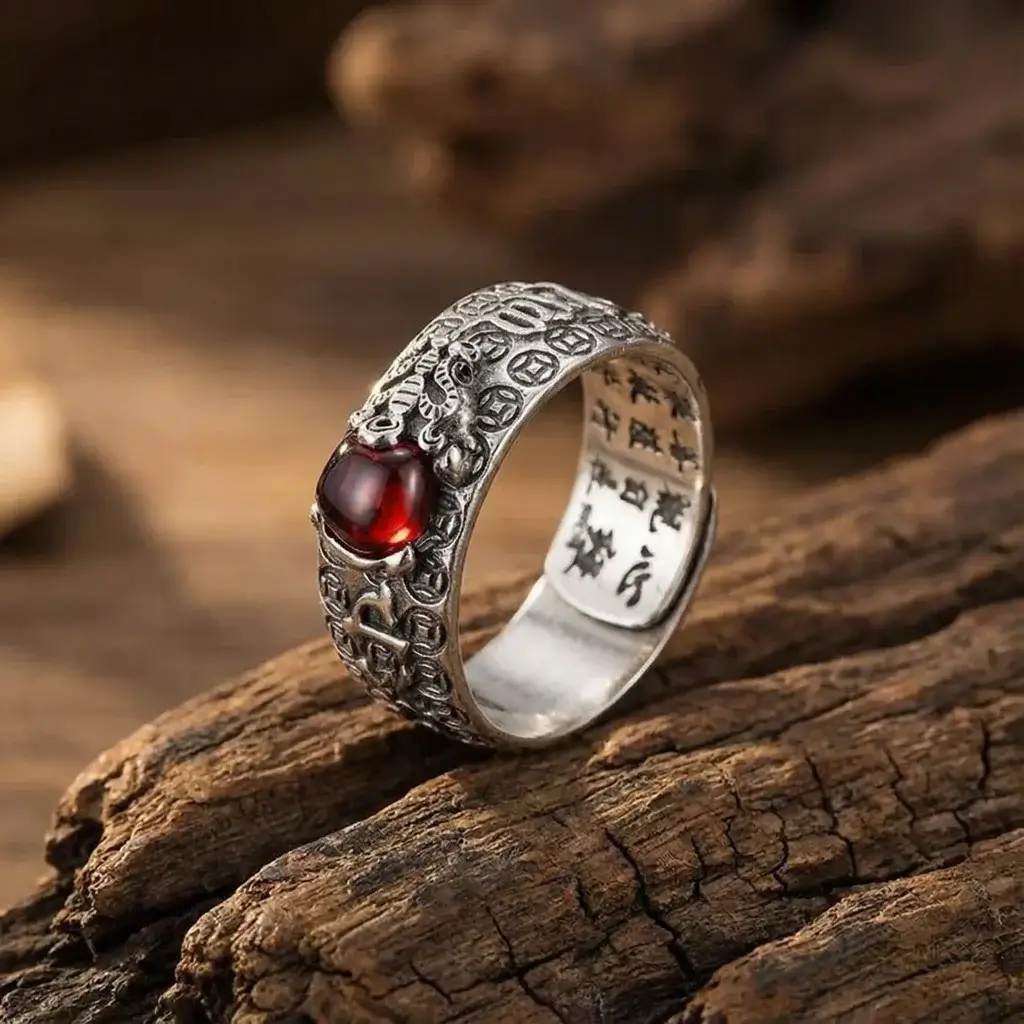 Natural garnet pixiu feng shui ring with om mani padme hum mantra engraving on rustic wood