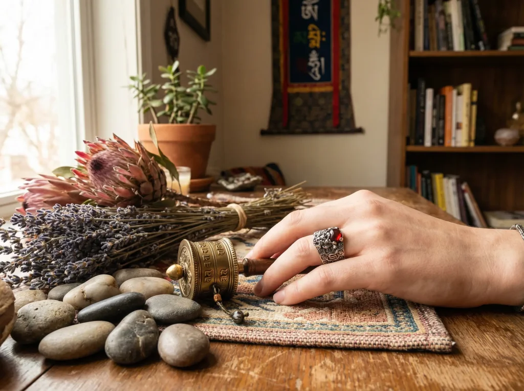Natural garnet pixiu ring with tibetan prayer wheel on home altar buddhist jewelry lifestyle