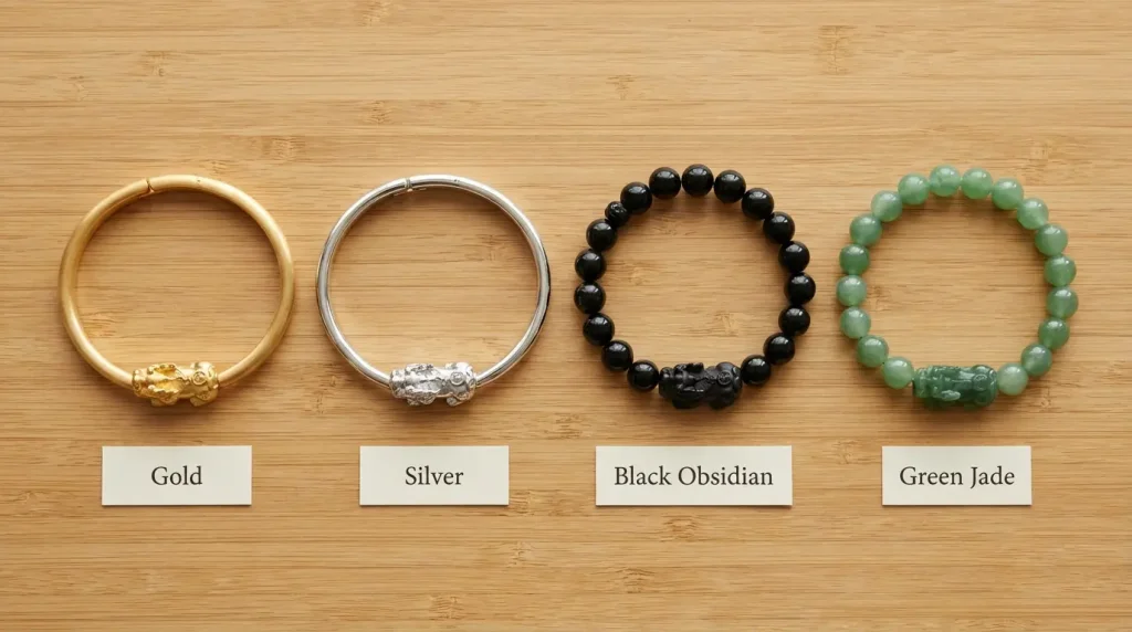 Pixiu bracelet materials gold silver obsidian jade comparison