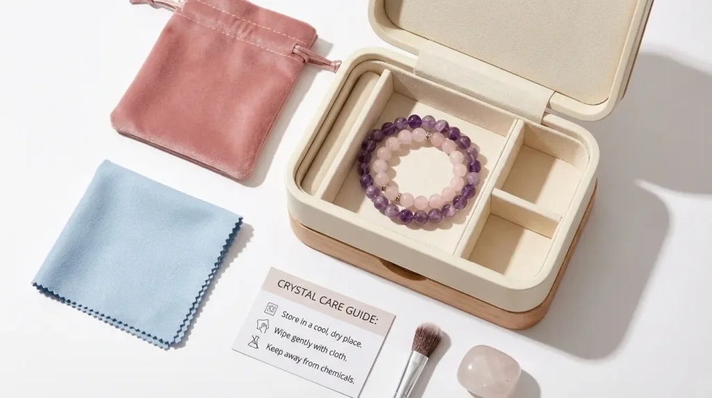 Proper crystal bracelet storage in velvet pouch and jewelry box for prevention