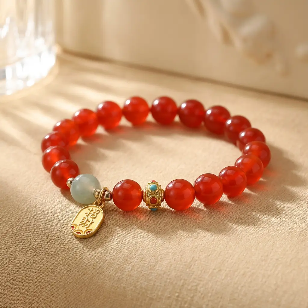 Red Agate Bracelet with Om Mani Padme Hum Charm on Silk Red agate bracelet with om mani padme hum charm on silk